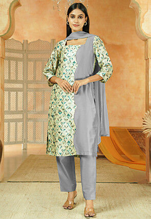 Printed Chanderi Silk Pakistani Suit in Grey and Multicolor