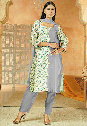 Printed Chanderi Silk Pakistani Suit in Grey and Multicolor