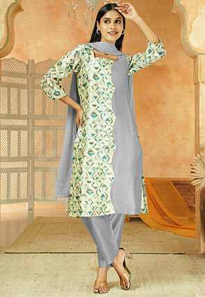 Printed Chanderi Silk Pakistani Suit in Grey and Multicolor
