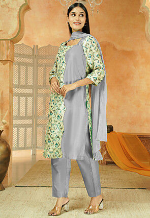 Printed Chanderi Silk Pakistani Suit in Grey and Multicolor