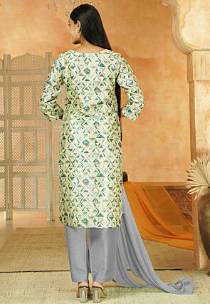 Printed Chanderi Silk Pakistani Suit in Grey and Multicolor