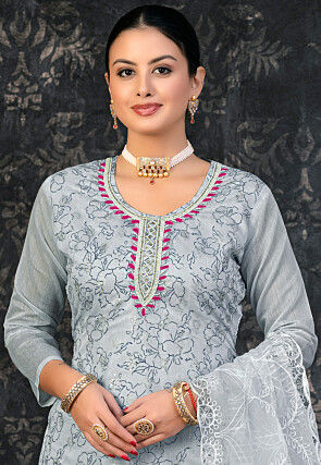 Printed Chanderi Silk Pakistani Suit in Grey