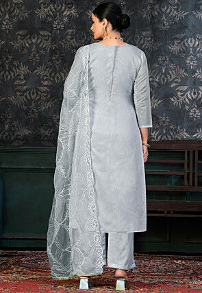 Printed Chanderi Silk Pakistani Suit in Grey