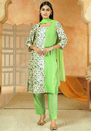 Printed Chanderi Silk Pakistani Suit in Light Green and Multicolor