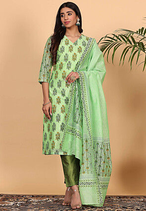 Printed Chanderi Silk Pakistani Suit in Light Green