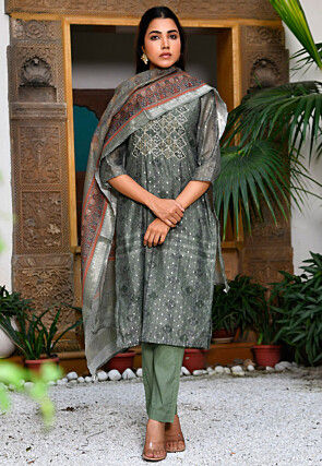 Printed Chanderi Silk Pakistani Suit in Light Olive Green
