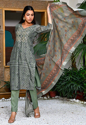 Printed Chanderi Silk Pakistani Suit in Light Olive Green