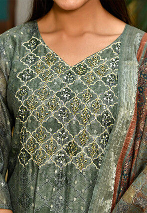 Printed Chanderi Silk Pakistani Suit in Light Olive Green