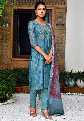 Printed Chanderi Silk Pakistani Suit in Light Teal Blue