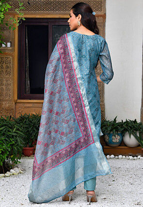 Printed Chanderi Silk Pakistani Suit in Light Teal Blue