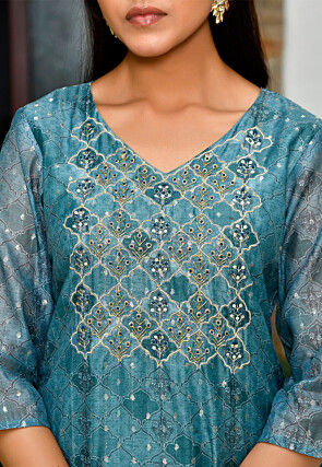 Printed Chanderi Silk Pakistani Suit in Light Teal Blue