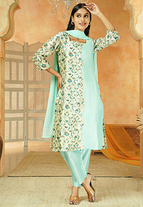 Printed Chanderi Silk Pakistani Suit in Multicolor