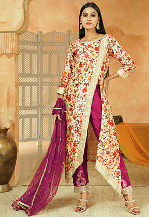 Printed Chanderi Silk Pakistani Suit in Multicolor