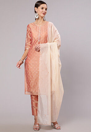 Printed Chanderi Silk Pakistani Suit in Peach
