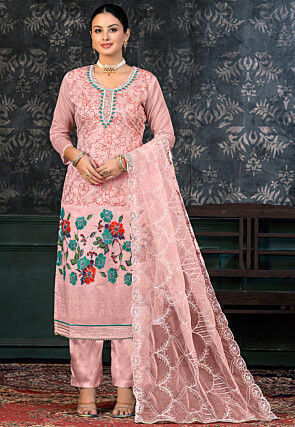 Printed Chanderi Silk Pakistani Suit in Pink