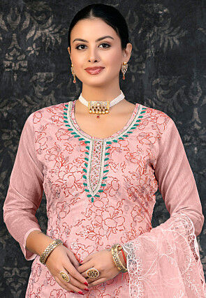 Printed Chanderi Silk Pakistani Suit in Pink