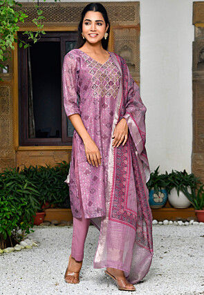 Printed Chanderi Silk Pakistani Suit in Purple