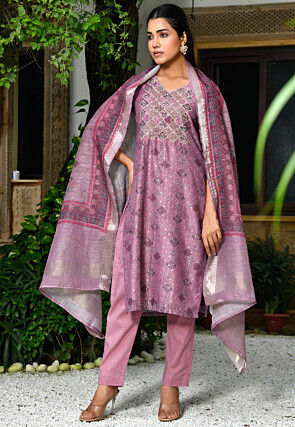 Printed Chanderi Silk Pakistani Suit in Purple
