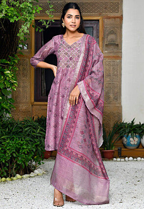 Printed Chanderi Silk Pakistani Suit in Purple