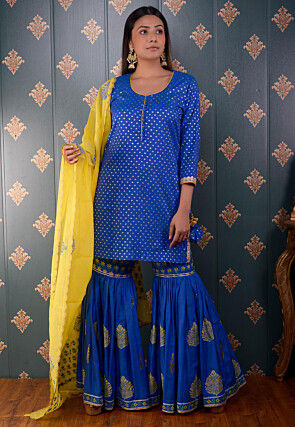 Printed Chanderi Silk Pakistani Suit in Royal Blue