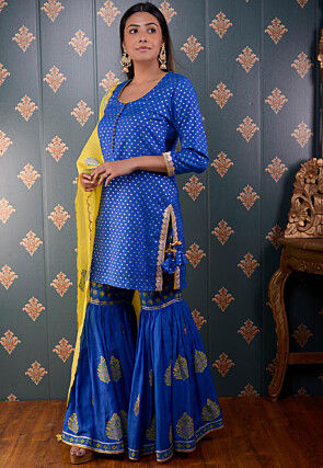 Printed Chanderi Silk Pakistani Suit in Royal Blue