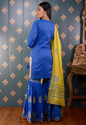 Printed Chanderi Silk Pakistani Suit in Royal Blue