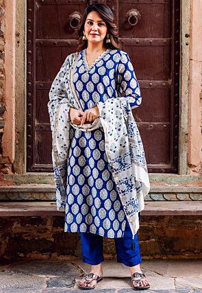 Printed Chanderi Silk Pakistani Suit in Royal Blue