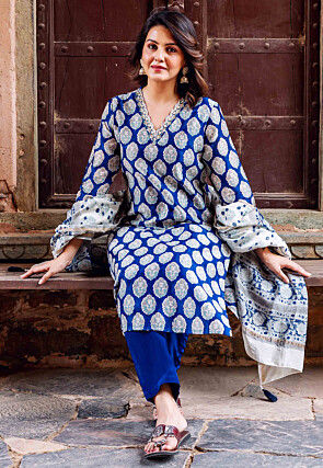 Printed Chanderi Silk Pakistani Suit in Royal Blue