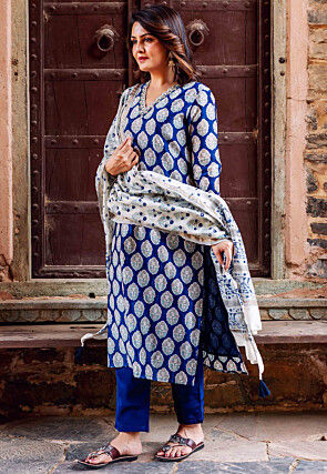 Printed Chanderi Silk Pakistani Suit in Royal Blue