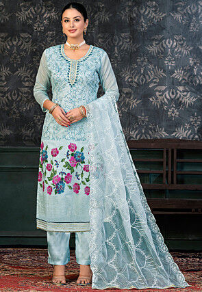 Printed Chanderi Silk Pakistani Suit in Sky Blue