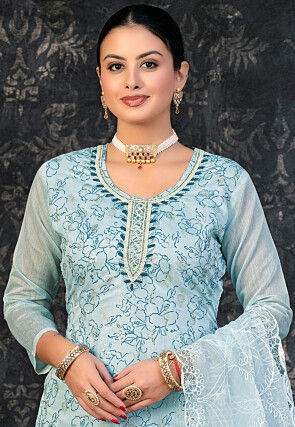 Printed Chanderi Silk Pakistani Suit in Sky Blue