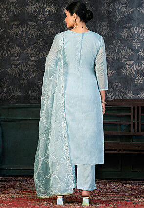 Printed Chanderi Silk Pakistani Suit in Sky Blue