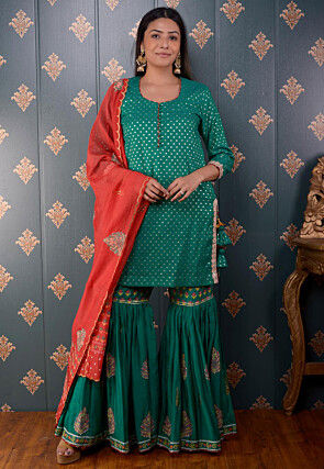 Printed Chanderi Silk Pakistani Suit in Teal Green