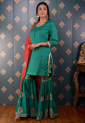 Printed Chanderi Silk Pakistani Suit in Teal Green