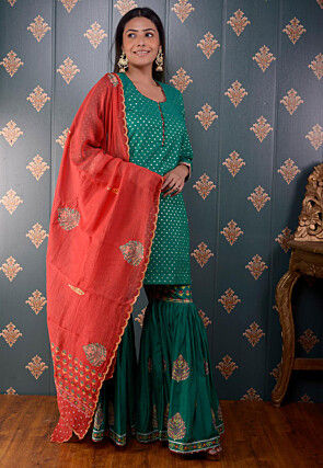 Printed Chanderi Silk Pakistani Suit in Teal Green
