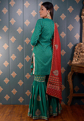 Printed Chanderi Silk Pakistani Suit in Teal Green