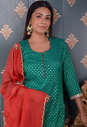 Printed Chanderi Silk Pakistani Suit in Teal Green