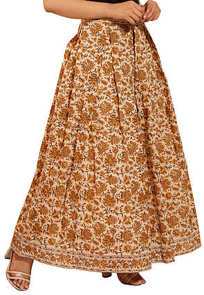 Printed Chanderi Silk Pleated Skirt in Beige