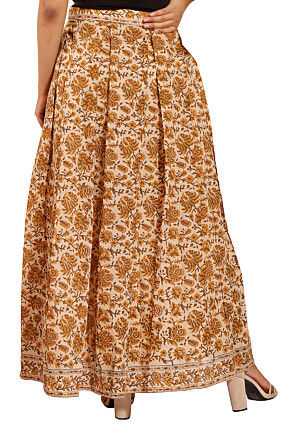 Printed Chanderi Silk Pleated Skirt in Beige