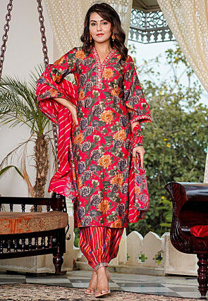 Printed Chanderi Silk Punjabi Suit in Fuchsia