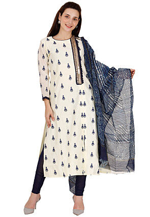 Printed Chanderi Silk Straight Suit in Off White