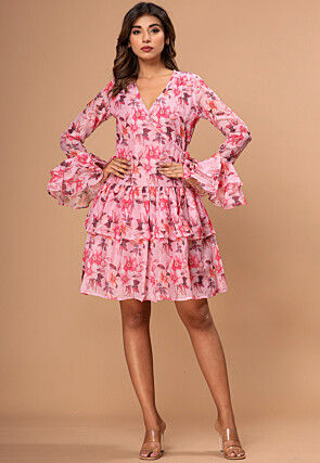 Printed Chanderi Silk Tiered Short Dress in Pink