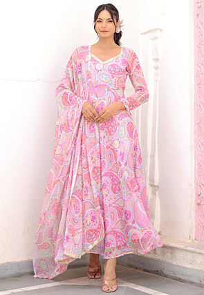 Printed Chiffon Abaya Style Suit in Light Pink and Multicolor
