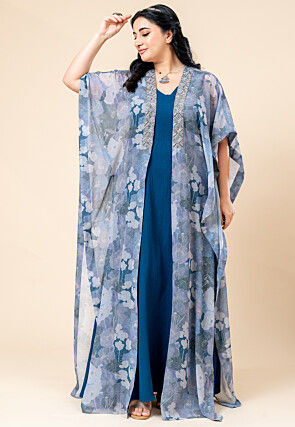Printed Chiffon Crush Maxi Dress in Teal Blue