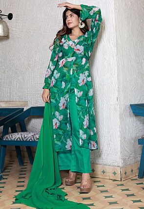 Printed Chiffon Front Slit Pakistani Suit in Dark Green