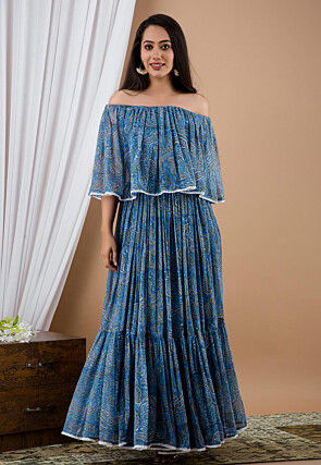 Printed Chiffon Maxi Dress in Blue