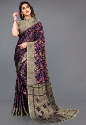 Printed Chiffon Saree in Black and Purple