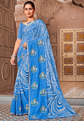 Printed Chiffon Saree in Blue