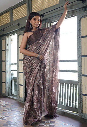 Printed Chiffon Saree in Brown