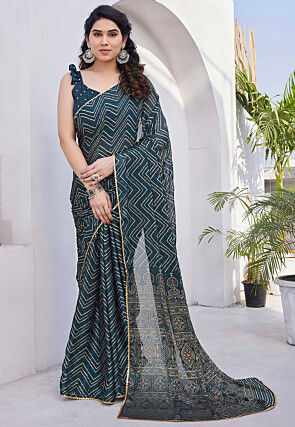 Printed Chiffon Saree in Dark Teal Blue